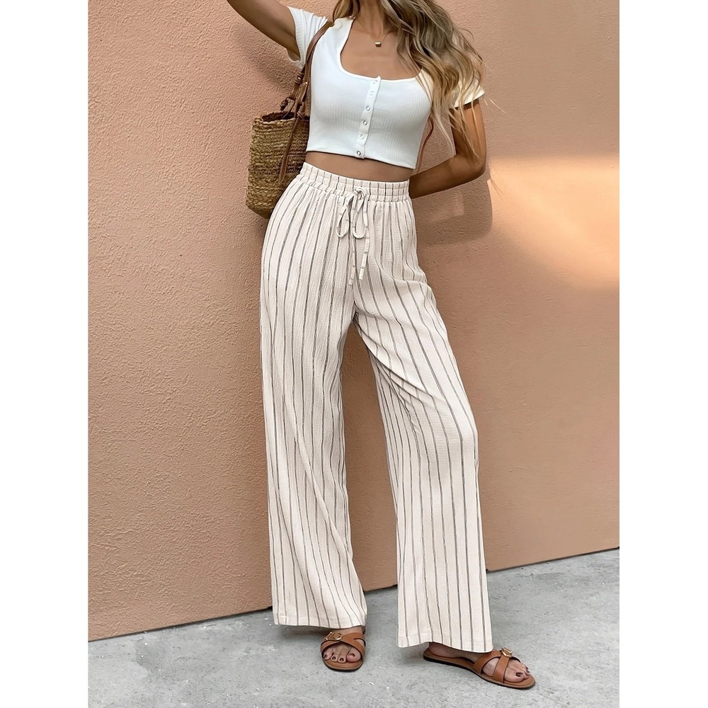 Sienna Sky Women XXS Striped Wide Leg Pants Cream Black Smocked Waist 02CP670S